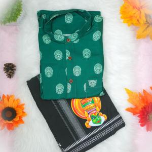 Kathakali printed full sleeve green white shirt with matching dhoti for men - size XL