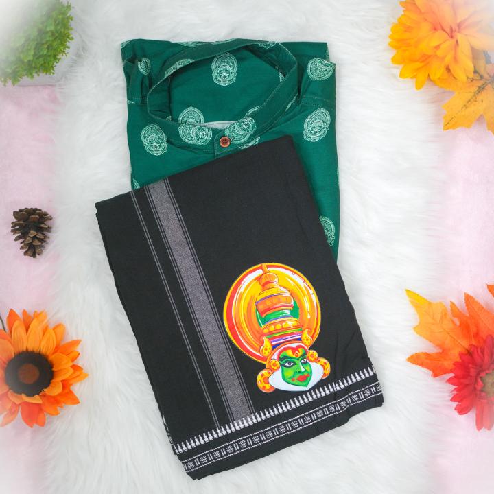 Kathakali printed full sleeve green white shirt with matching dhoti for men - size XL