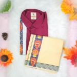 Traditional arts printed full sleeve maroon shirt with matching dhoti for men - size XL