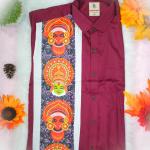 Traditional arts printed full sleeve maroon shirt with matching dhoti for men - size XL