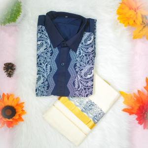 Size 40 - stencil printed abstract design full sleeve dark blue shirt with matching dhoti for men