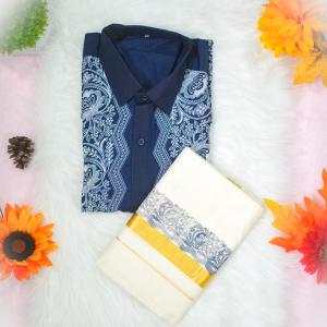Size 40 - stencil printed abstract design full sleeve dark blue shirt with matching dhoti for men