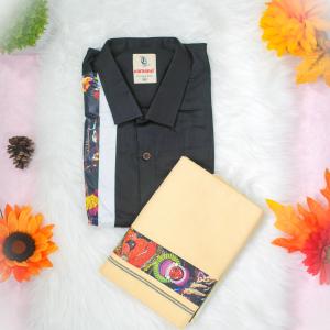 Traditional arts printed half sleeve black shirt with matching dhoti for men - size XXL