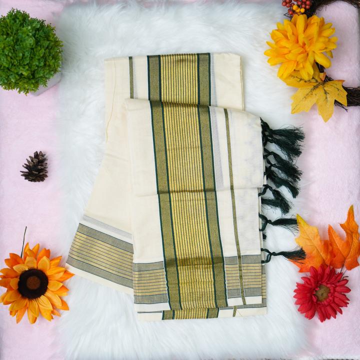 Handloom set mundu with gold and green design