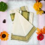 Handloom set mundu with gold and green design