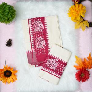 Printed handloom set mundu with red n white design