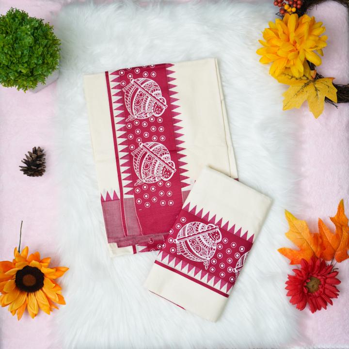 Printed handloom set mundu with red n white design