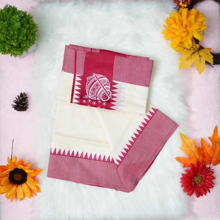 Printed handloom set mundu with red n white design