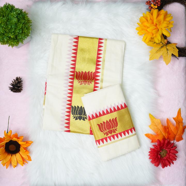 Handloom set mundu with gold, red and black lotus design