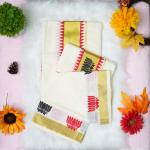 Handloom set mundu with gold, red and black lotus design