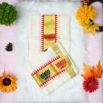 Handloom set mundu with gold, red and black lotus design