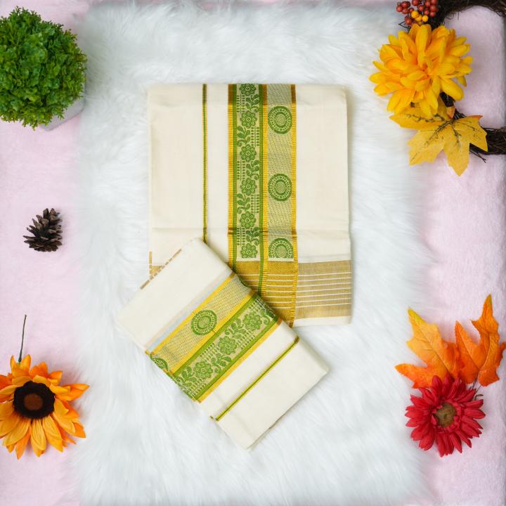 Pure handloom set mundu with gold and green design