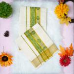 Pure handloom set mundu with gold and green design