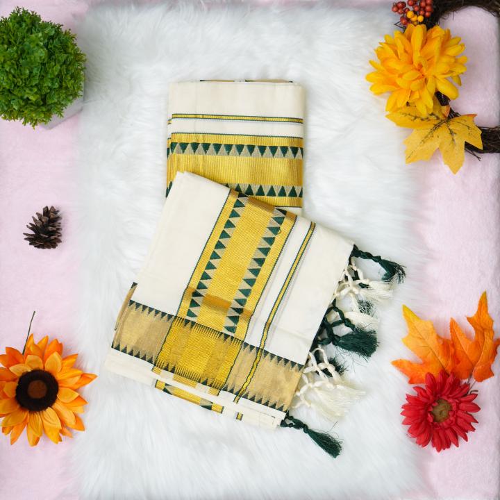 Pure handloom set mundu with gold and green design