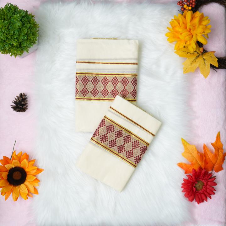 Pure handloom set mundu with gold and maroon design