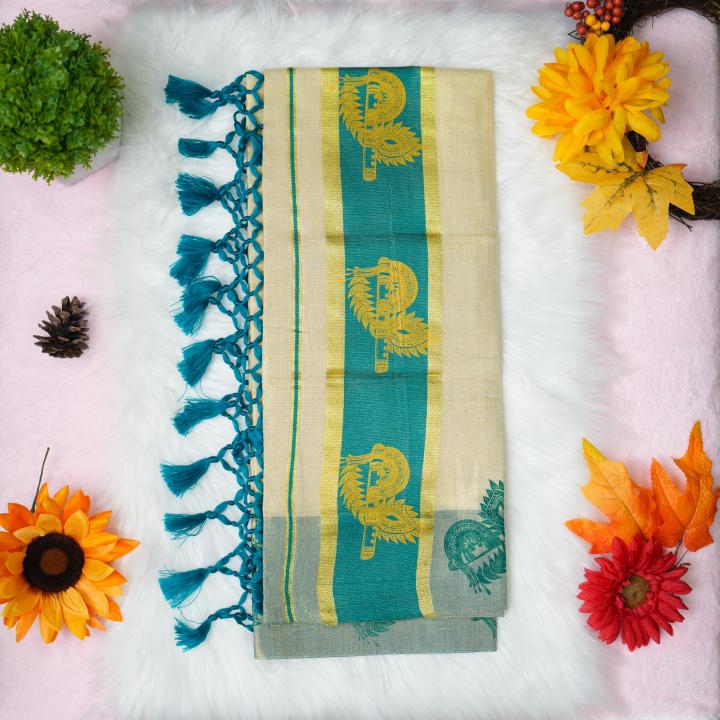 Printed handloom set mundu with gold and green design