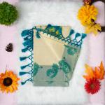 Printed handloom set mundu with gold and green design