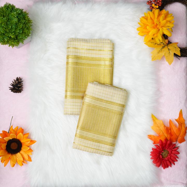 Premium Golden handloom tissue set mundu with overall strips