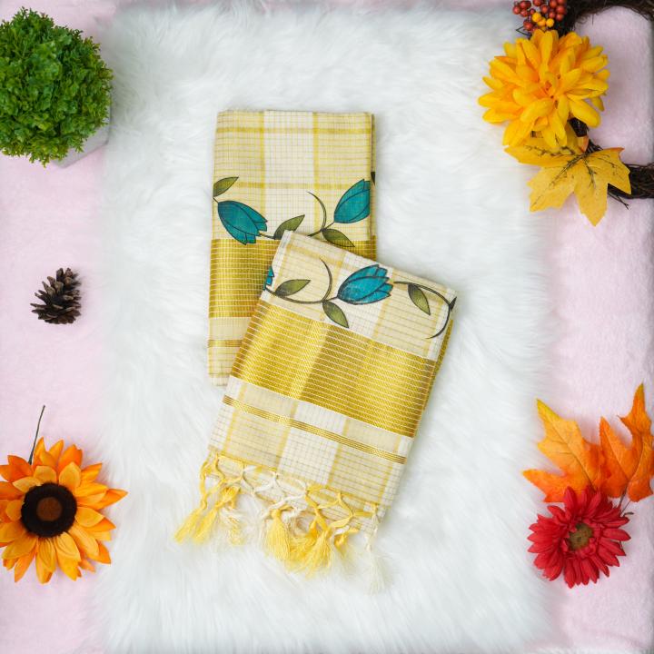 Printed handloom set mundu with gold and blue design