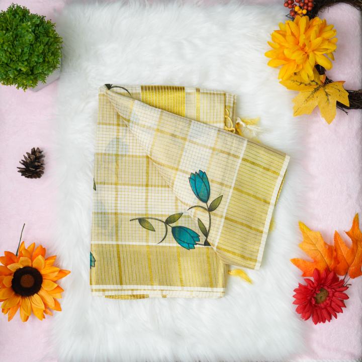Printed handloom set mundu with gold and blue design