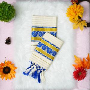 Printed handloom set mundu with gold and blue design