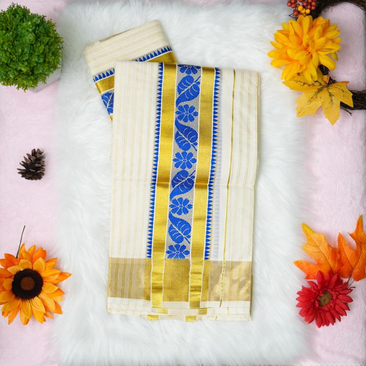 Printed handloom set mundu with gold and blue design