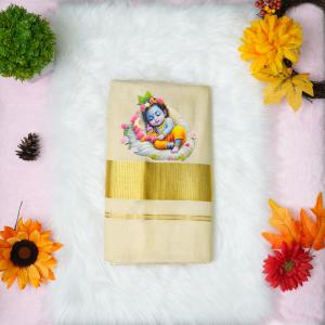 Traditional kerala handloom tissue saree - printed krishna design