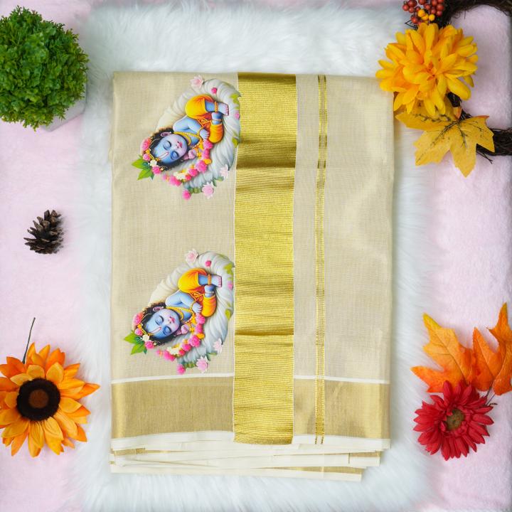 Traditional kerala handloom tissue saree - printed krishna design