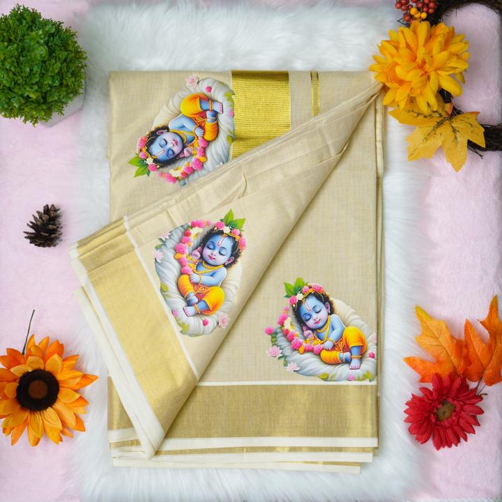 Traditional kerala handloom tissue saree - printed krishna design