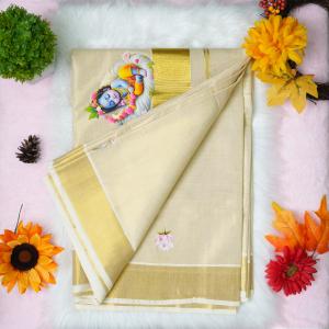 Traditional kerala handloom tissue saree - printed krishna design