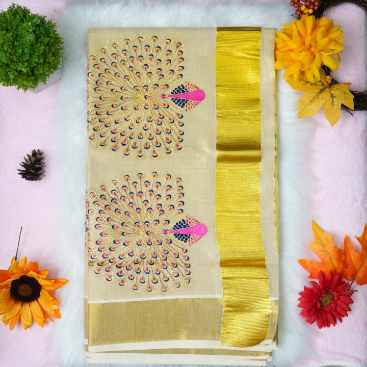 Traditional kerala handloom saree - embroidery peacock design