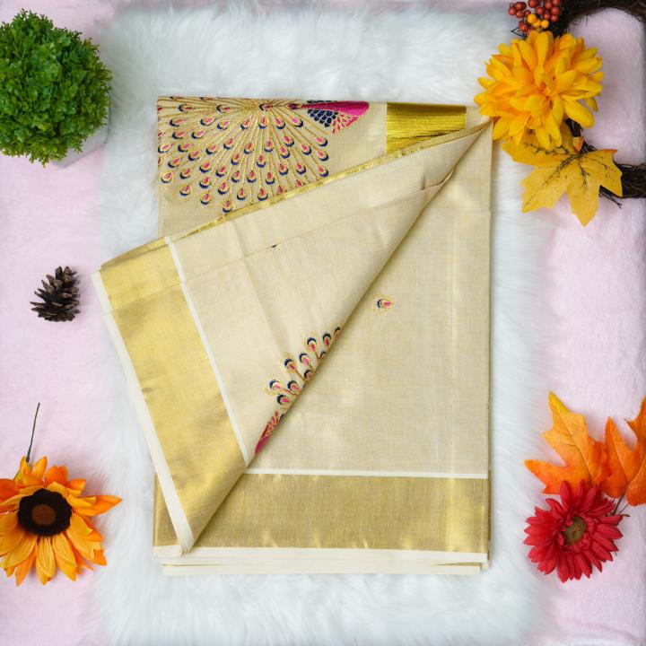 Traditional kerala handloom saree - embroidery peacock design