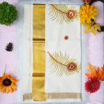 Traditional kerala handloom saree - embroidery peacock feather design