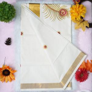 Traditional kerala handloom saree - embroidery peacock feather design