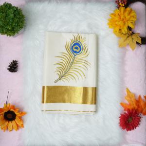 Traditional kerala handloom saree - embroidery peacock feather design