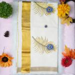 Traditional kerala handloom saree - embroidery peacock feather design