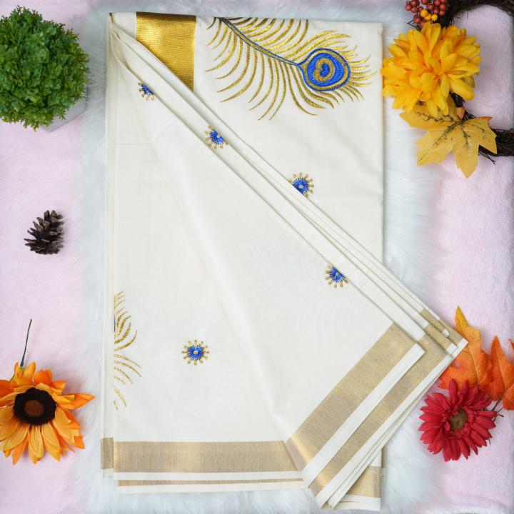 Traditional kerala handloom saree - embroidery peacock feather design