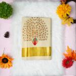 Traditional kerala handloom saree - embroidery peacock design