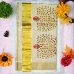 Traditional kerala handloom saree - embroidery peacock design