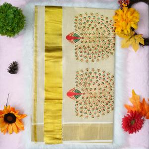 Traditional kerala handloom saree - embroidery peacock design