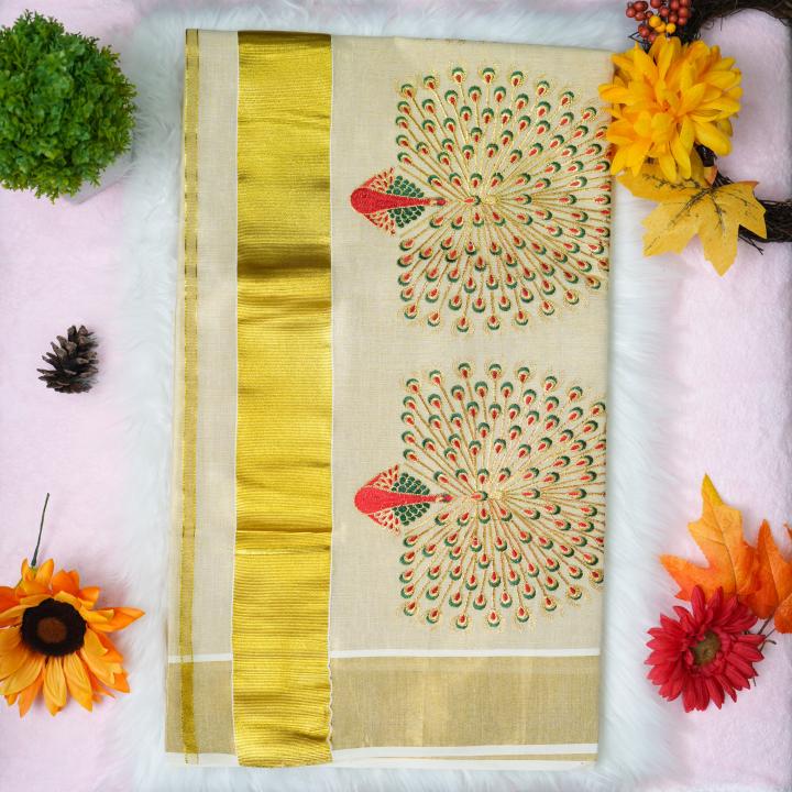 Traditional kerala handloom saree - embroidery peacock design