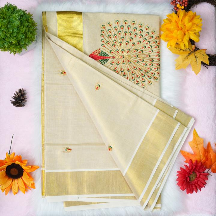 Traditional kerala handloom saree - embroidery peacock design