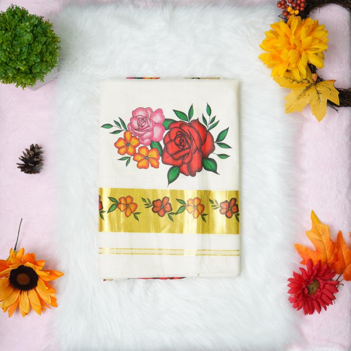 Traditional kerala handloom saree - Printed floral design