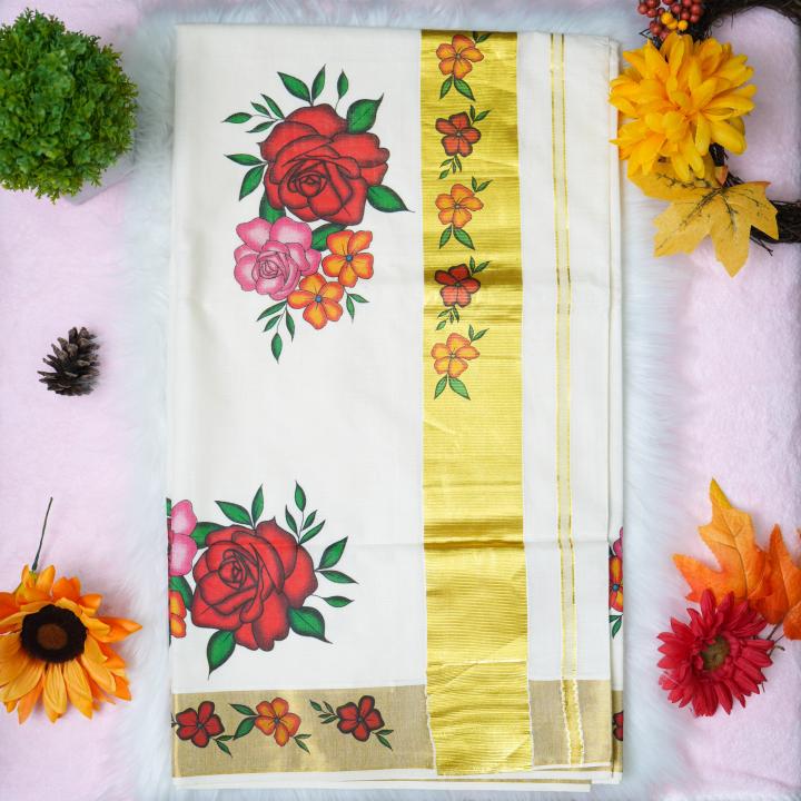 Traditional kerala handloom saree - Printed floral design