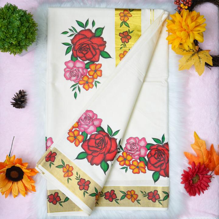 Traditional kerala handloom saree - Printed floral design