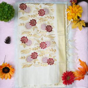 Traditional kerala handloom saree - floral embroidery (gold and red)
