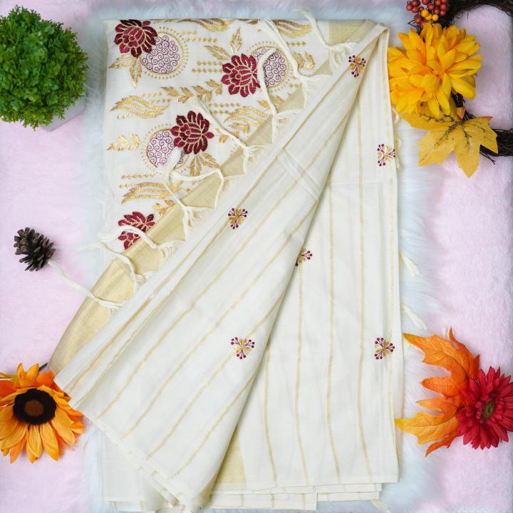 Traditional kerala handloom saree - floral embroidery (gold and red)