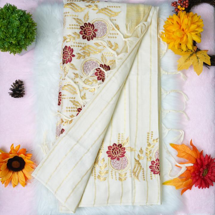Traditional kerala handloom saree - floral embroidery (gold and red)