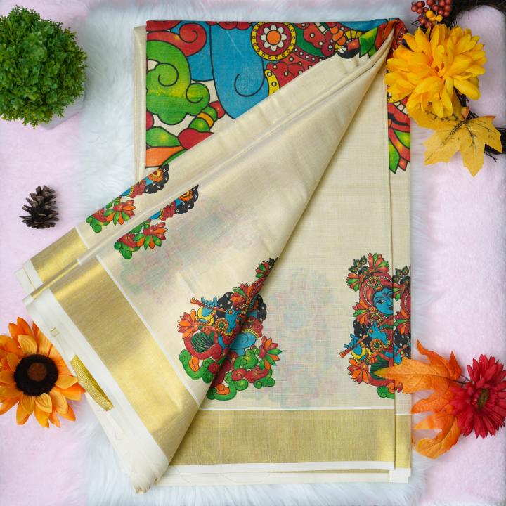 Traditional kerala handloom tissue saree - Printed krishna whole pallu design