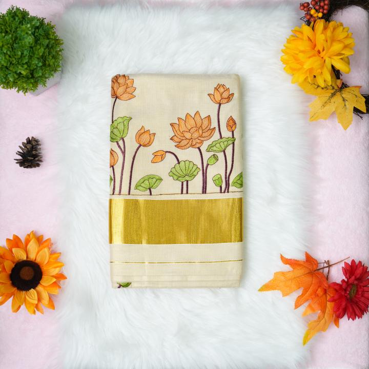 Traditional kerala handloom saree - lotus embroidery